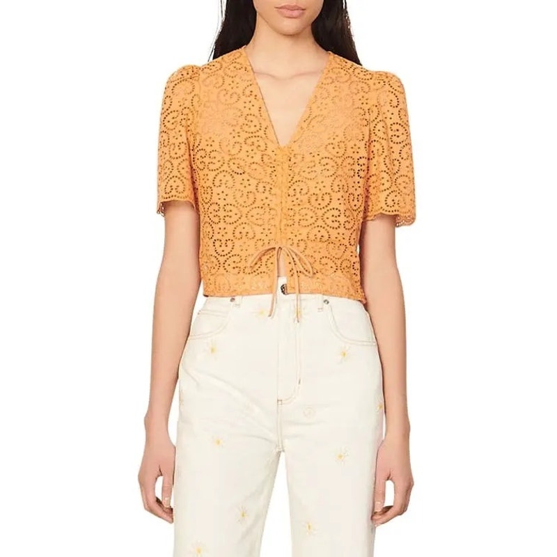 Nwt Sandro Women's Orange Livio Tie Front Cropped V-Neck Blouse Size 0
